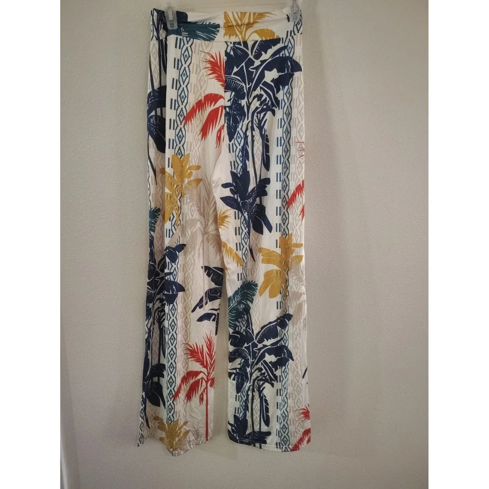 Tropical Palm Print Wide Leg Pants Women Medium High Waist Boho Resort Wear - Picture 3 of 3